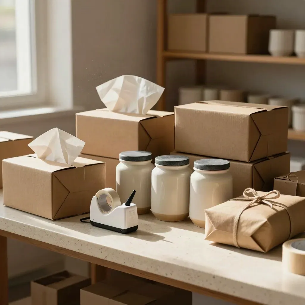 Angolo e-commerce con scatole kraft, carta velina e vasi ceramici pronti per la spedizione.
