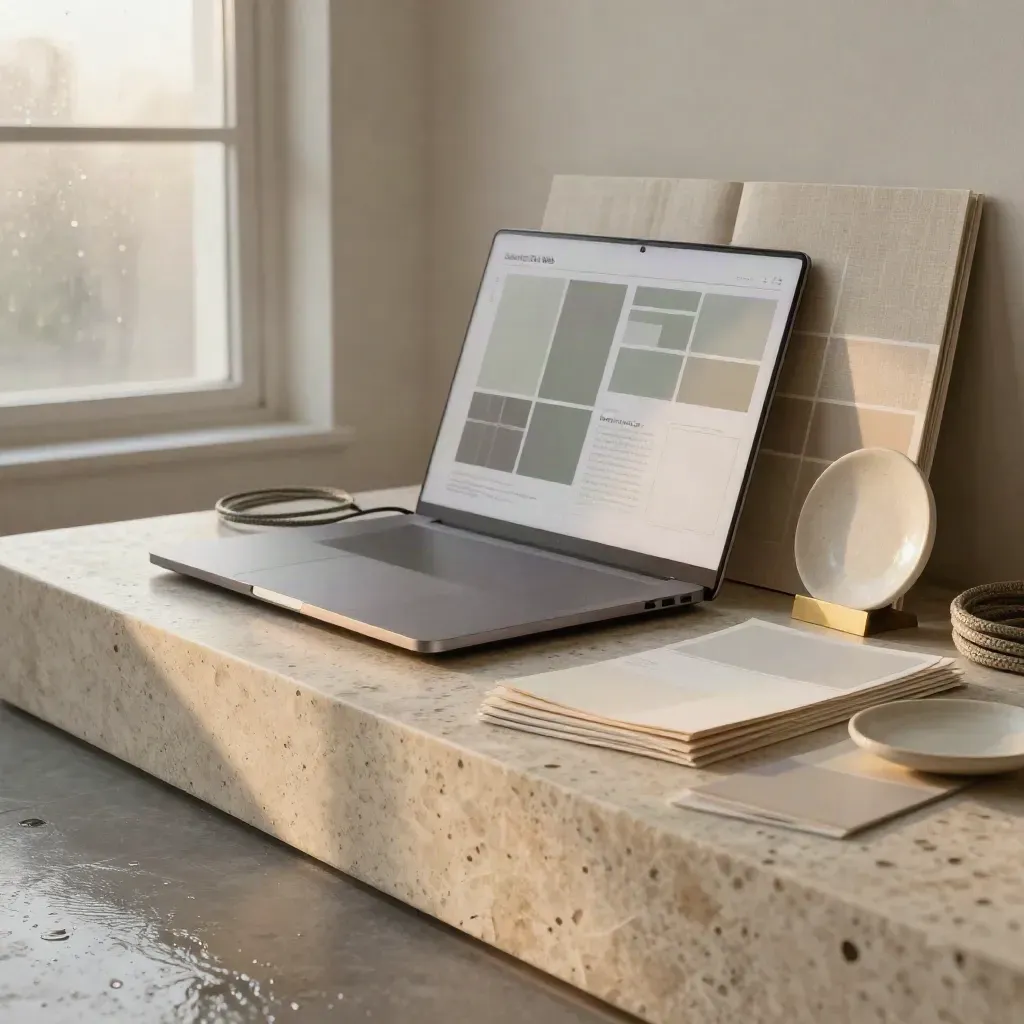 Plinto in travertino con laptop, bozzetti web, swatch e cavo in uno studio luminoso.