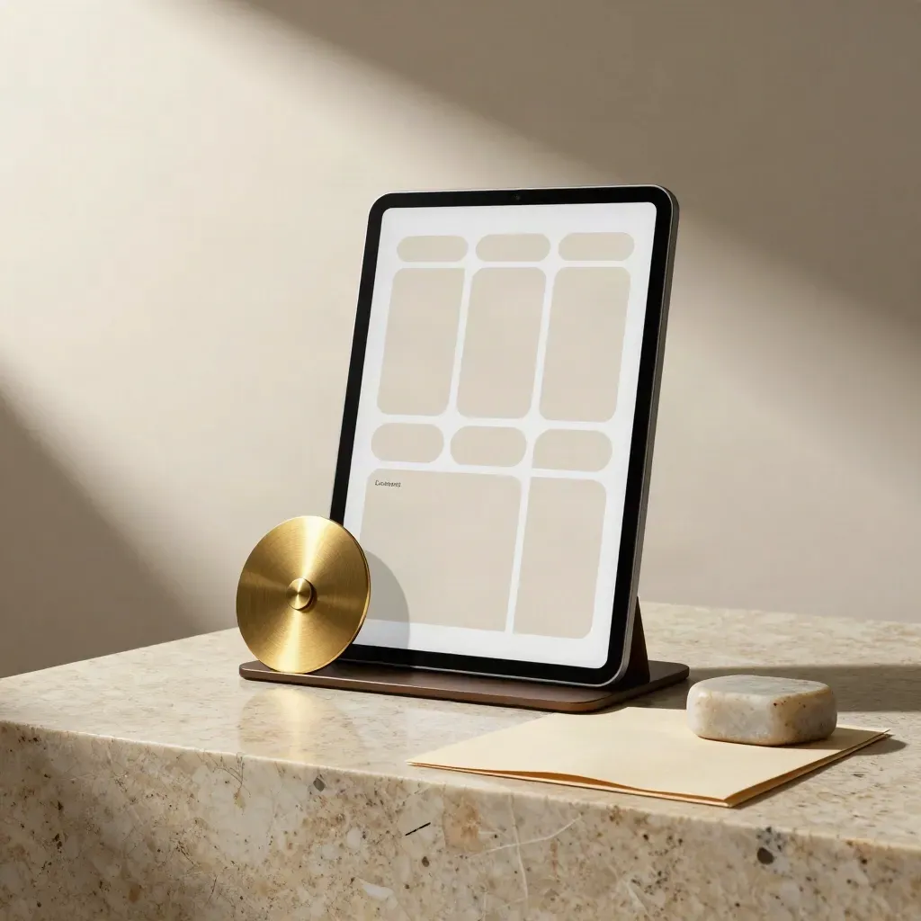 Espositore verticale e tablet con layout contatti, accostati a dettagli in ottone e pietra.