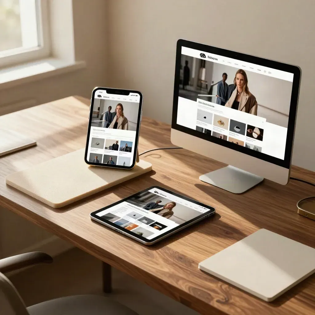 Tre dispositivi con layout responsive sfocato, foam board e cavo in uno studio luminoso.