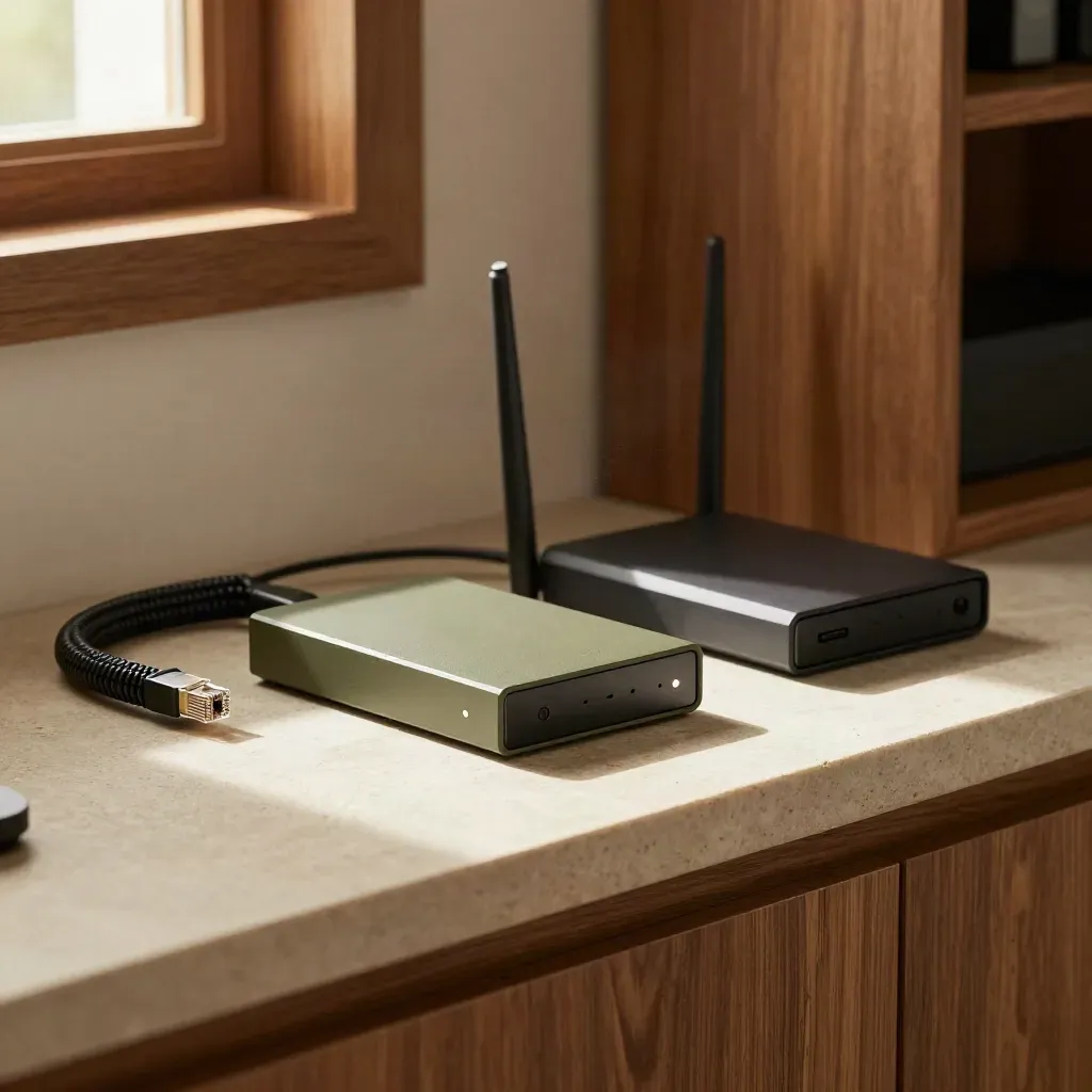 Drive di backup, router e SSD su pietra, con luce calda e polvere in sospensione.