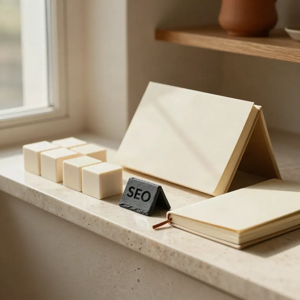 Blocchi archivio, taccuino chiuso e display girato in luce calda per SEO locale.