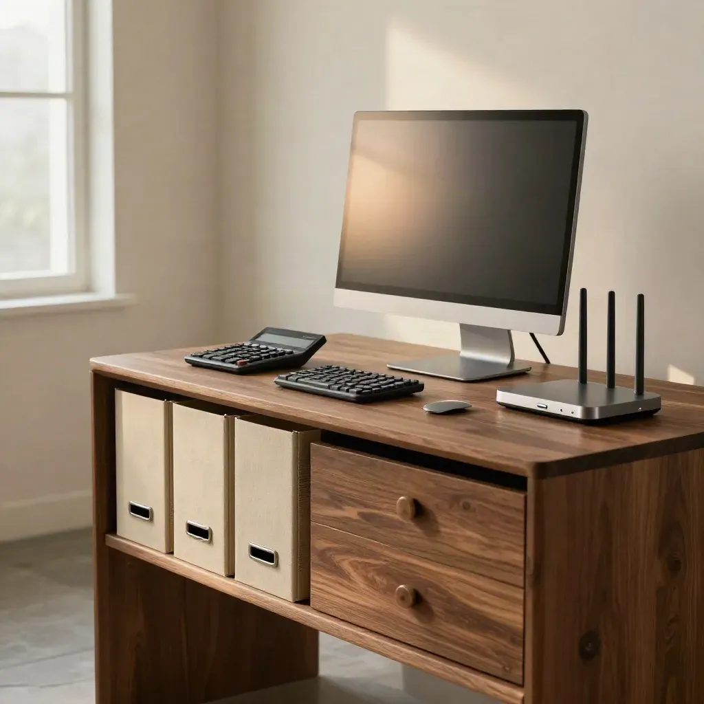 Ufficio fiscale elegante con console in noce, monitor acceso, fascicoli chiusi e calcolatrice