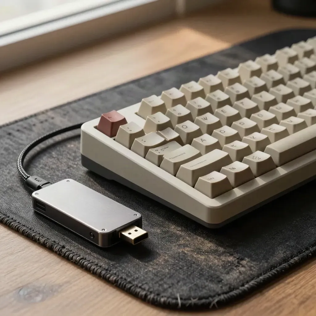 Tastiera meccanica, cavo USB intrecciato, SSD e hub in alluminio su tappetino tessile scuro.