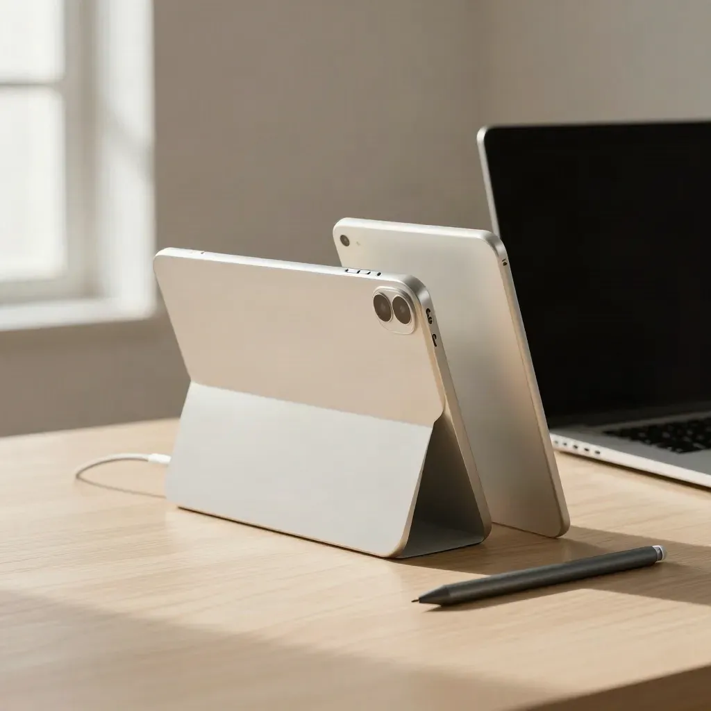 Tablet, smartphone e laptop su legno chiaro con luce morbida