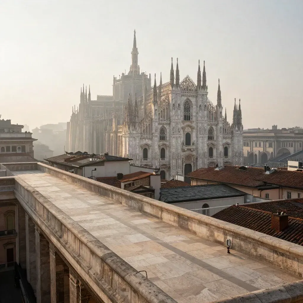 Veduta di Milano all’alba con guglie del Duomo e terrazza in travertino nella nebbia.