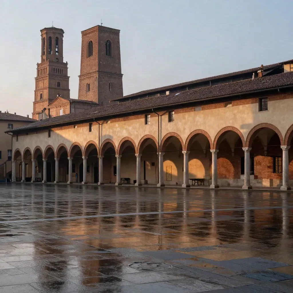 Portici di Bologna e Due Torri sopra una piazza bagnata, luce serale soffusa.
